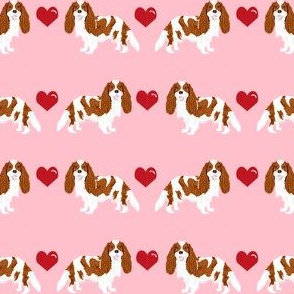 cavalier king charles spaniel blenheim love hearts dog fabric pink