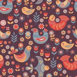 Pattern Nordic Style With Flowers and Birds. 