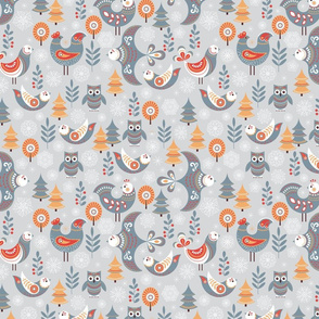 Winter seamless pattern with birds, trees, snowflakes. 