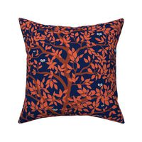 New medium-Spooky Owls in Trees- orange on Navy