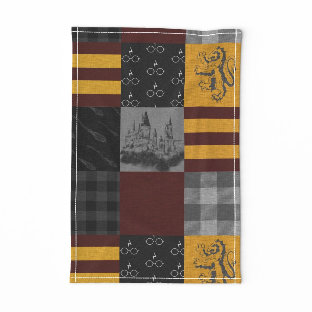 Witches and Wizards Wholecloth Quilt - Gold And Burgandy - Glasses, broomsticks, castles, and plaids