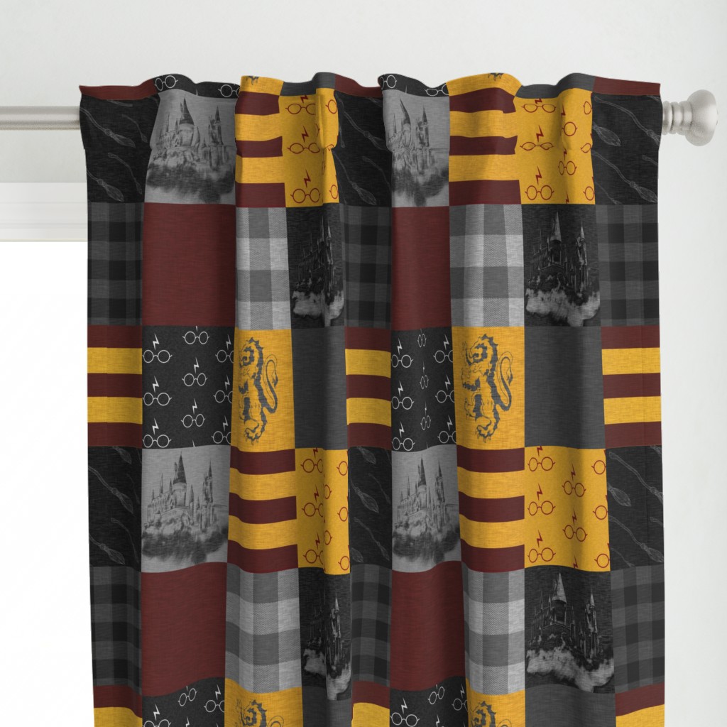 Witches and Wizards Wholecloth Quilt - Gold And Burgandy - Glasses, broomsticks, castles, and plaids