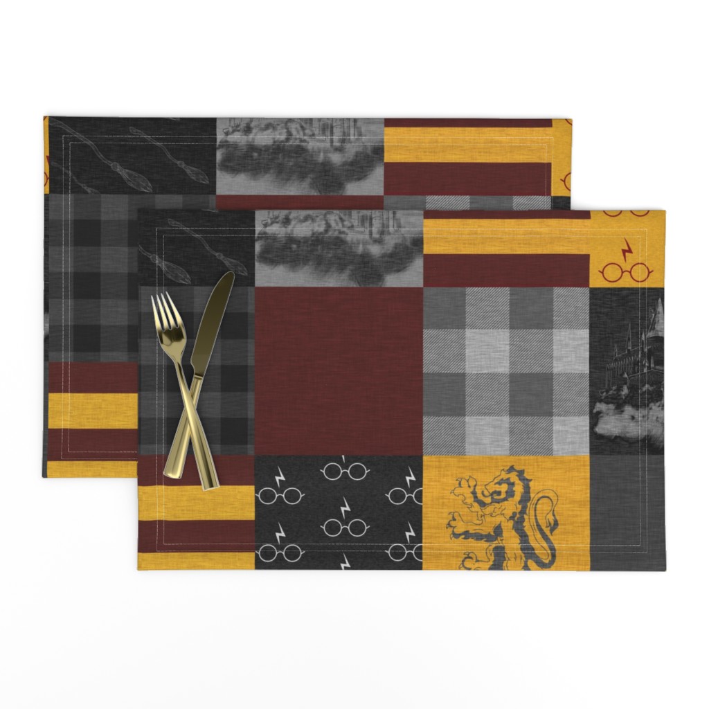 Witches and Wizards Wholecloth Quilt - Gold And Burgandy - Glasses, broomsticks, castles, and plaids