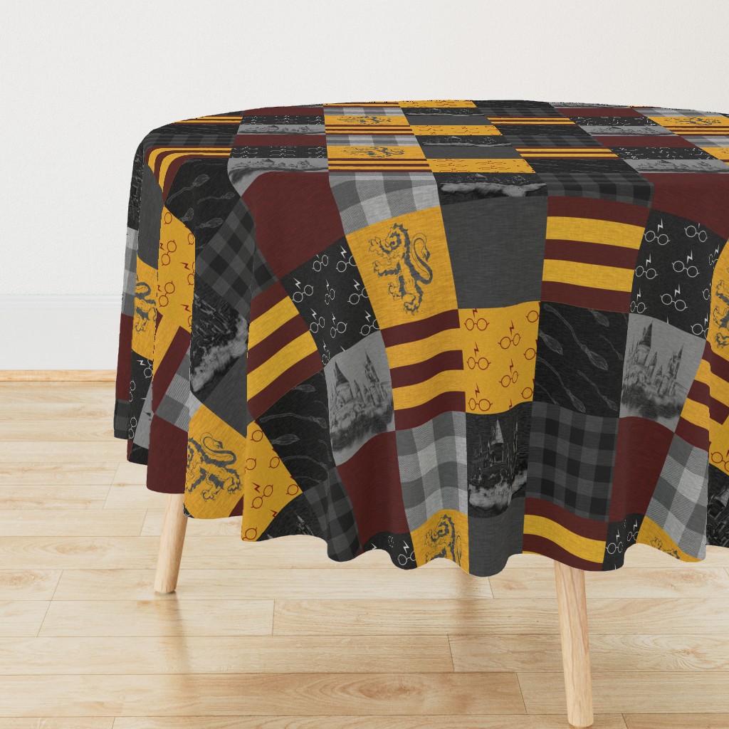 Witches and Wizards Wholecloth Quilt - Gold And Burgandy - Glasses, broomsticks, castles, and plaids