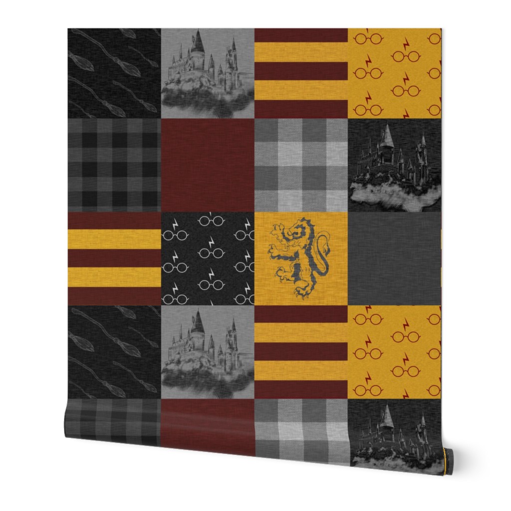 Witches and Wizards Wholecloth Quilt - Gold And Burgandy - Glasses, broomsticks, castles, and plaids