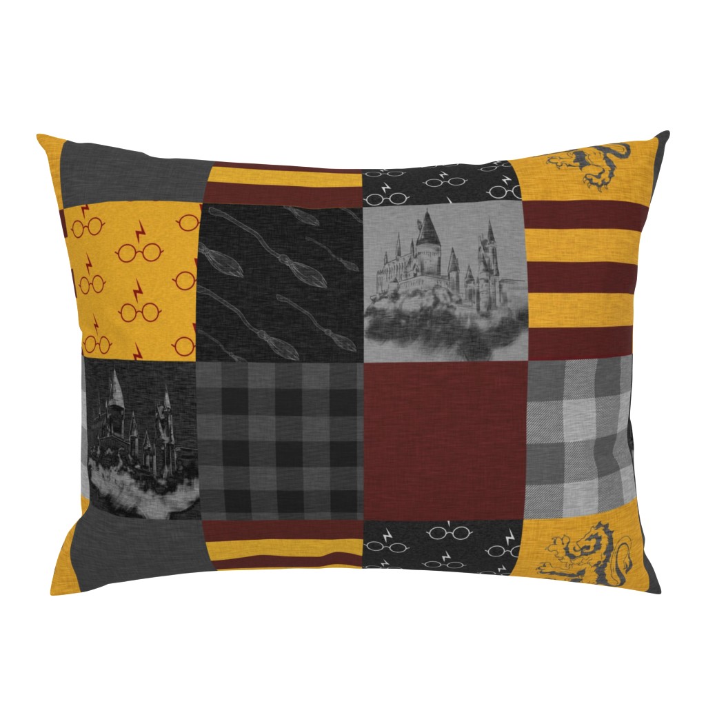 Witches and Wizards Wholecloth Quilt - Gold And Burgandy - Glasses, broomsticks, castles, and plaids