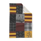 Witches and Wizards Wholecloth Quilt - Gold And Burgandy - Glasses, broomsticks, castles, and plaids