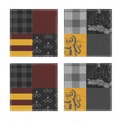 Witches and Wizards Wholecloth Quilt - Gold And Burgandy - Glasses, broomsticks, castles, and plaids