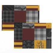 Witches and Wizards Wholecloth Quilt - Gold And Burgandy - Glasses, broomsticks, castles, and plaids