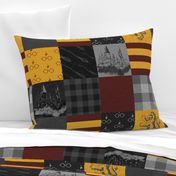 Witches and Wizards Wholecloth Quilt - Gold And Burgandy - Glasses, broomsticks, castles, and plaids