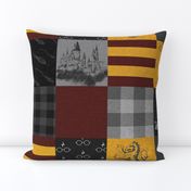 Witches and Wizards Wholecloth Quilt - Gold And Burgandy - Glasses, broomsticks, castles, and plaids