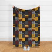 Witches and Wizards Wholecloth Quilt - Gold And Burgandy - Glasses, broomsticks, castles, and plaids