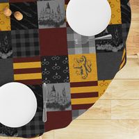 Witches and Wizards Wholecloth Quilt - Gold And Burgandy - Glasses, broomsticks, castles, and plaids