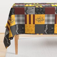 Witches and Wizards Wholecloth Quilt - Gold And Burgandy - Glasses, broomsticks, castles, and plaids