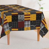 Witches and Wizards Wholecloth Quilt - Gold And Burgandy - Glasses, broomsticks, castles, and plaids