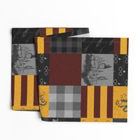 Witches and Wizards Wholecloth Quilt - Gold And Burgandy - Glasses, broomsticks, castles, and plaids