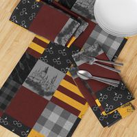 Witches and Wizards Wholecloth Quilt - Gold And Burgandy - Glasses, broomsticks, castles, and plaids