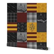 Witches and Wizards Wholecloth Quilt - Gold And Burgandy - Glasses, broomsticks, castles, and plaids