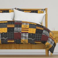 Witches and Wizards Wholecloth Quilt - Gold And Burgandy - Glasses, broomsticks, castles, and plaids