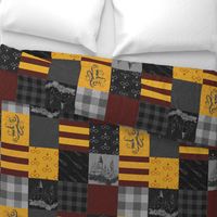 Witches and Wizards Wholecloth Quilt - Gold And Burgandy - Glasses, broomsticks, castles, and plaids