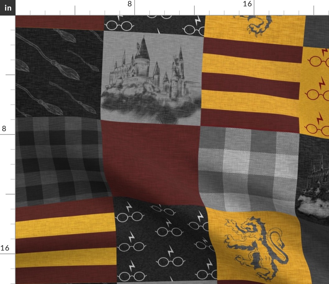 Witches and Wizards Wholecloth Quilt - Gold And Burgandy - Glasses, broomsticks, castles, and plaids