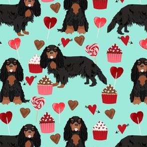 cavalier king charles spaniel black and tan valentines cupcakes love hearts dog fabric mint