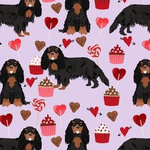 cavalier king charles spaniel black and tan valentines cupcakes love hearts dog fabric purple