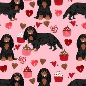 cavalier king charles spaniel black and tan valentines cupcakes love hearts dog fabric pink