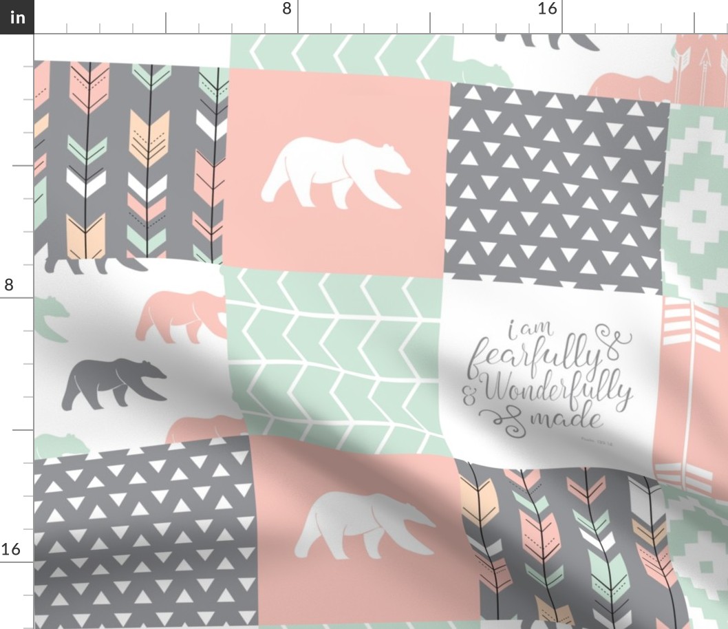 woodland patchwork - I am fearfully and wonderfully made  - grey, mint, pink, peach v2