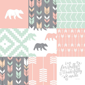 woodland patchwork - I am fearfully and wonderfully made  - grey, mint, pink, peach v1