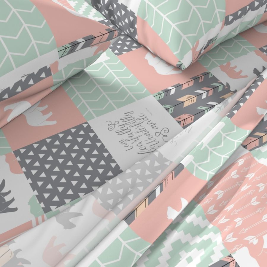 woodland patchwork - I am fearfully and wonderfully made  - grey, mint, pink, peach v2 (90)