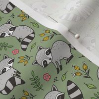 Raccoon with Leaves & Flowers on Olive Green Smaller