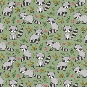 Raccoons Animals Forest Cute Flowers Branch Leaf Spoonflower Fabric by the Yard 