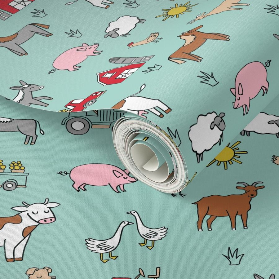 farm // nursery kids gender neutral cow chicken pig barn farms fabric turquoise