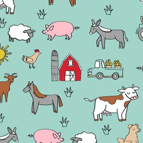 farm // nursery kids gender neutral cow chicken pig barn farms fabric turquoise
