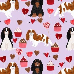 cavalier king charles spaniel mixed coats valentines cupcakes hearts dog fabric purple