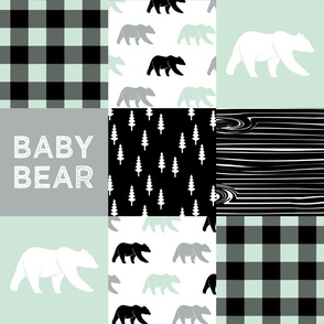 baby bear - woodland patchwork fabric - black mint grey - bears