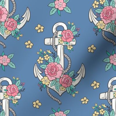 Anchor Nautical & Vintage Boho Roses Flowers on Dark Blue Navy