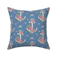 Anchor Nautical & Vintage Boho Roses Flowers on Dark Blue Navy