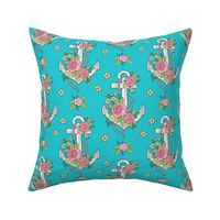 Anchor Nautical & Vintage Boho Roses Flowers on Aqua Blue 