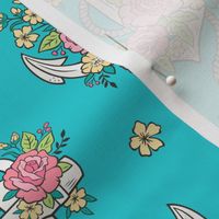 Anchor Nautical & Vintage Boho Roses Flowers on Aqua Blue 