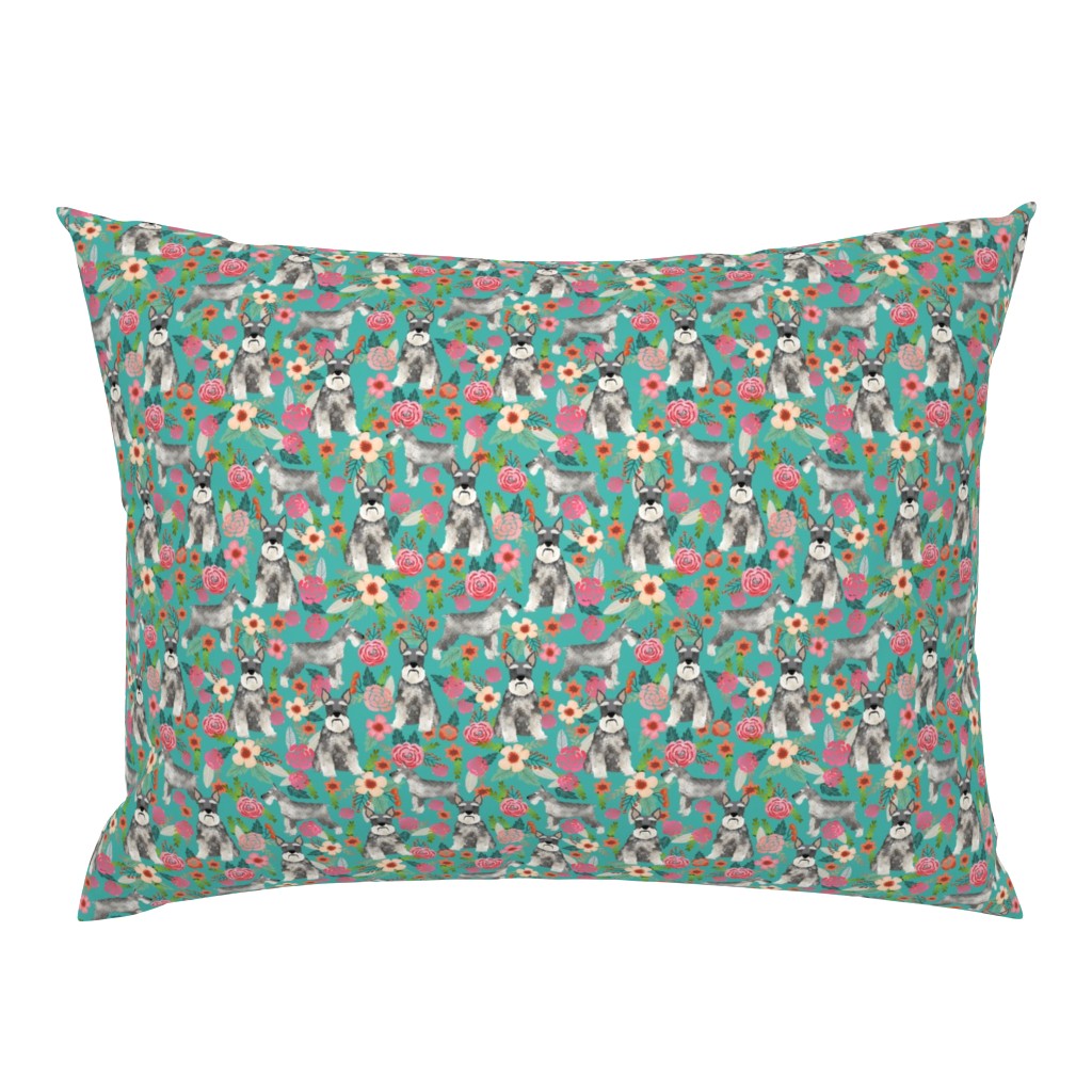 schnauzer floral fabric - dogs with cropped ears design cute mini schnauzers design - turquoise