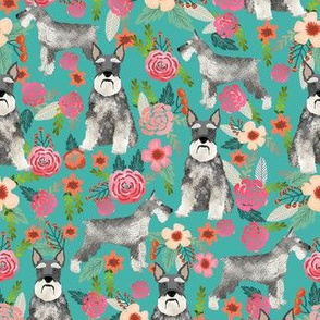 schnauzer floral fabric - dogs with cropped ears design cute mini schnauzers design - turquoise