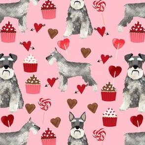 schnauzer valentines fabric - dogs with hearts and cupcakes love design - pink