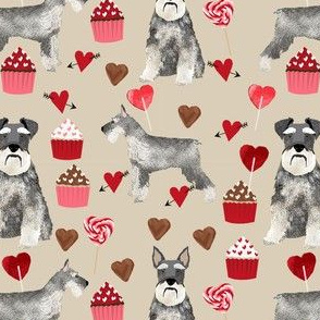 schnauzer valentines fabric - dogs with hearts and cupcakes love design - khaki