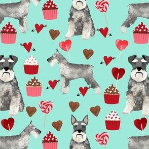 schnauzer valentines fabric - dogs with hearts and cupcakes love design - mint