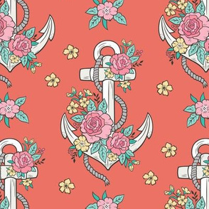 Anchor Nautical & Vintage Boho Roses Flowers on Coral