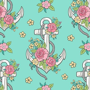 Anchor Nautical & Vintage Boho Roses Flowers on Mint Green