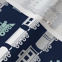 trains on navy - modern train fabric