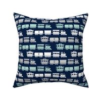 trains on navy - modern train fabric